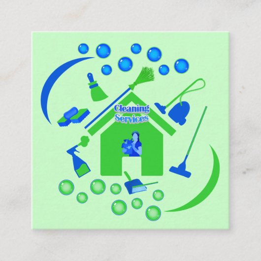 Professionele schoonmaakdiensten Logo Groen & Blau Vierkante Visitekaartje (Voorkant)