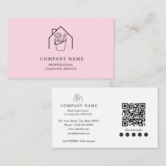 Professionele Schoonmaakdiensten Logo Modern Roze Visitekaartje (Voorkant / Achterkant)