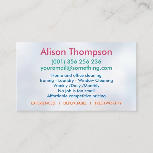 Professionele schoonmaakdiensten voor huizen visitekaartje (Achterkant)