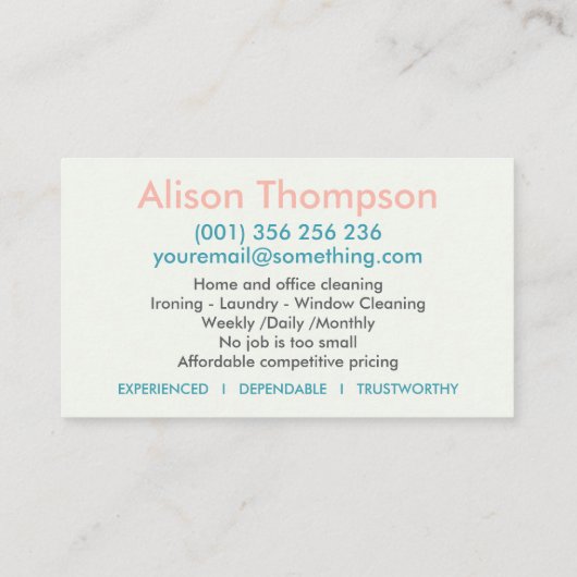 Professionele schoonmaakdiensten voor huizen visitekaartje (Achterkant)