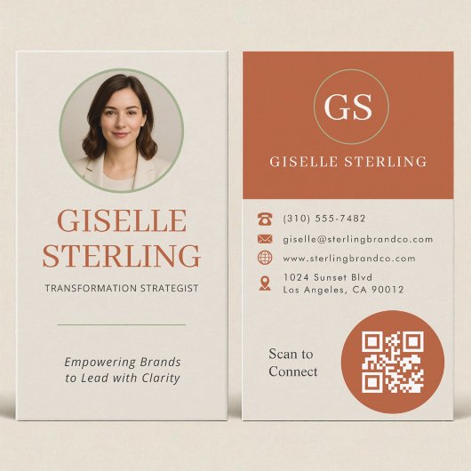 Professionele Terracotta Sage Groene Foto QR-code Visitekaartje