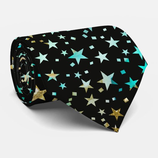 Professionele Turquoise Blue Faux Gold Stars Zwart Stropdas (Opgerold)