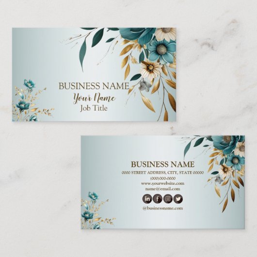 Professionele turquoise witte bloem gouden bladere visitekaartje (Voorkant / Achterkant)