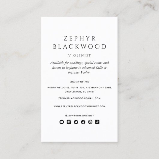 Professionele violiste en vioolmuziekleraar visitekaartje (Achterkant)