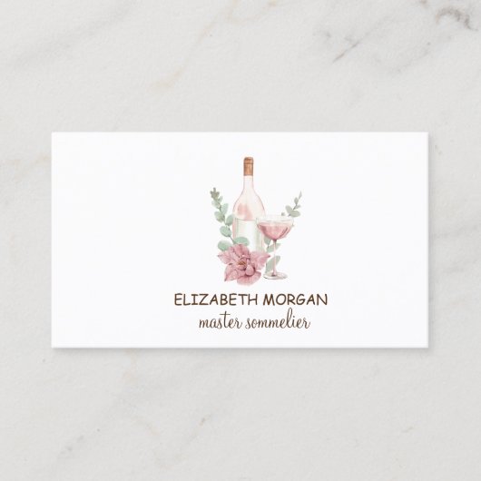 Professionele Waterverf wijnglas, flesje, bloemetj Visitekaartje (Voorkant)