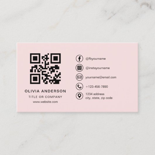 Professionele Zakelijke Blush Roze QR Code Visitekaartje (Voorkant)
