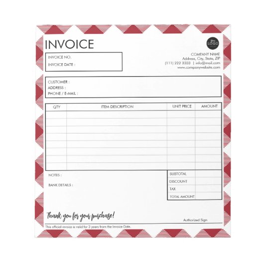 Professionele zakelijke factuur Rode grens Sjabloo Notitieblok (Voorkant)