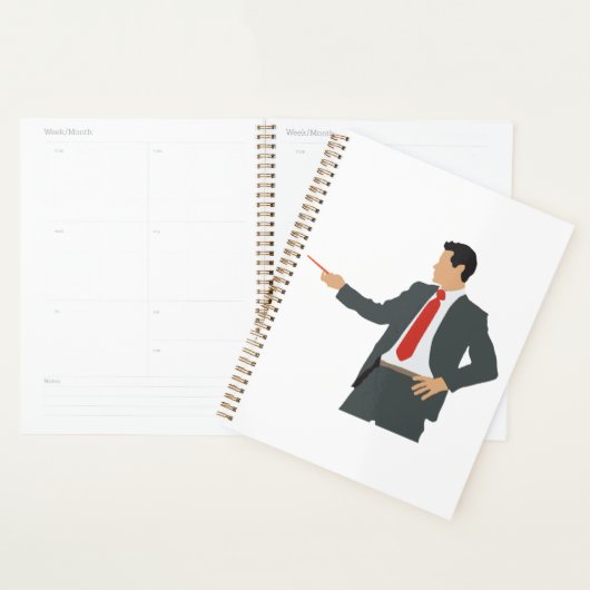 Professionele zakenman in pak met aanwijsstok planner (Display)