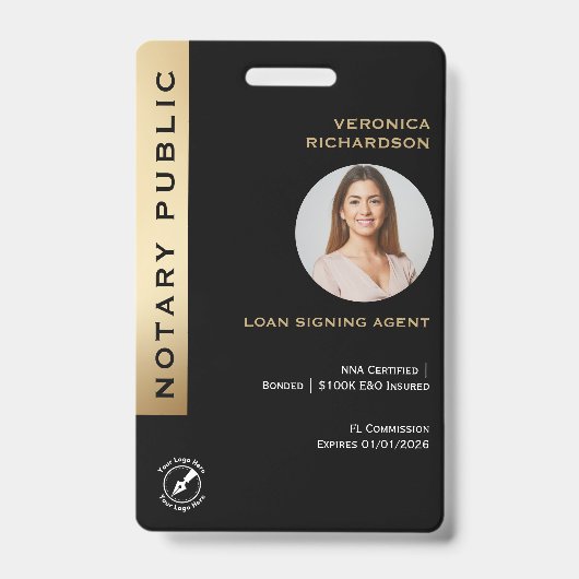 Professionele Zwart & Goud Notaris QR Code Foto-ID Badge (Front)