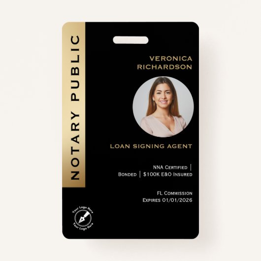 Professionele Zwart & Goud Notaris QR Code Foto-ID Badge (Voorkant)