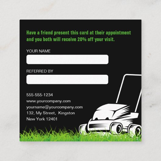 Professionele Zwart Groen Lawn Care & Landscaping Aanbevelingskaartje (Achterkant)