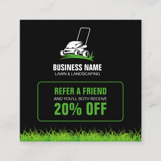 Professionele Zwart Groen Lawn Care & Landscaping Aanbevelingskaartje (Voorkant)