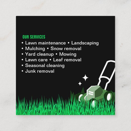 Professionele Zwart Groen Lawn Care & Landscaping Vierkante Visitekaartje (Achterkant)
