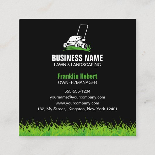 Professionele Zwart Groen Lawn Care & Landscaping Vierkante Visitekaartje (Voorkant)