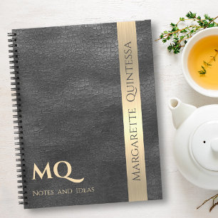 Professionele zwart lederen gouden streep monogram notitieboek
