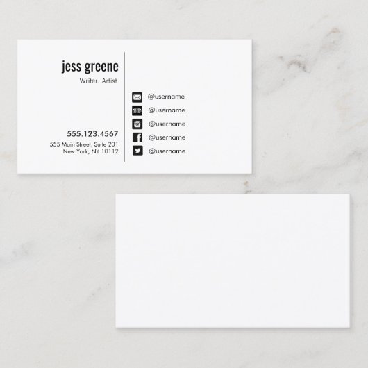 Professionele zwart-wit sociale media pictogrammen visitekaartje (Voorkant / Achterkant)