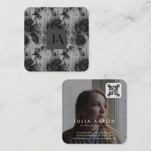 Professionele zwarte en witte Floral Foto QR Code Vierkante Visitekaartje (Voorkant / Achterkant)