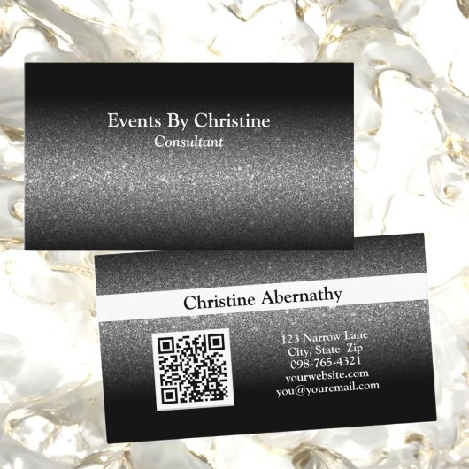 Professionele zwarte glitter Ombre Minimale QR Visitekaartje