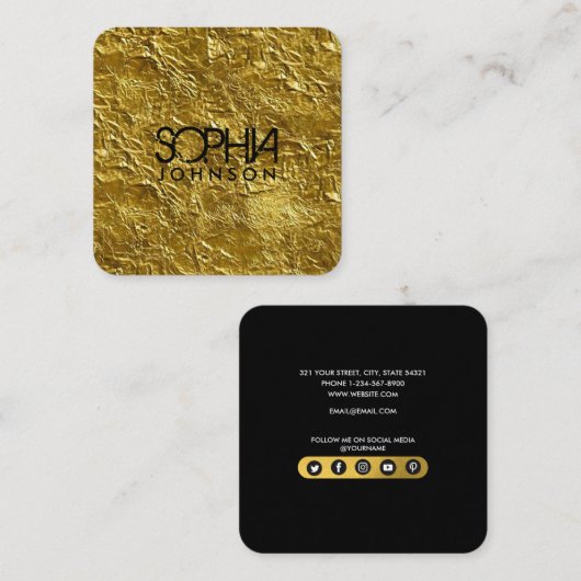 Professionele zwarte & Gold-minimalistische social Vierkante Visitekaartje (Voorkant / Achterkant)