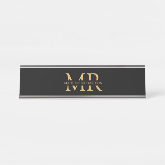 Professionele Zwarte Gouden Monogram Naam Beginlet Bureau Naambordje (Voorkant)