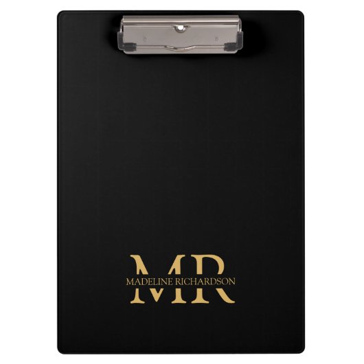 Professionele Zwarte Gouden Monogram Naam Beginlet Klembord (Voorkant)
