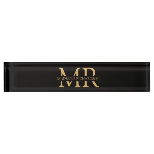 Professionele Zwarte Gouden Monogram Naam Beginlet Naambordje (Voorkant)