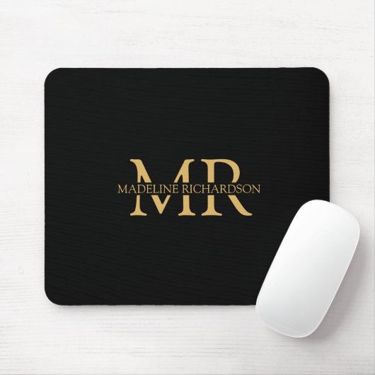 Professionele Zwarte Gouden Monogram Naam Initiale Muismat (Met muis)