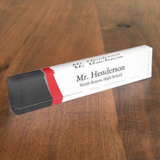 Professionele zwarte grijs en rode leraar naambordje (Zijkant)