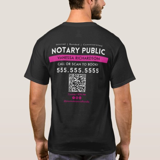 Professionele zwarte roze notaris openbare Logo QR T-shirt (Achterkant)