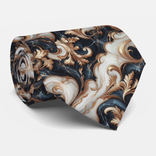 Professionele Zwarte, Witte en Gouden Marmer Stropdas (Opgerold)