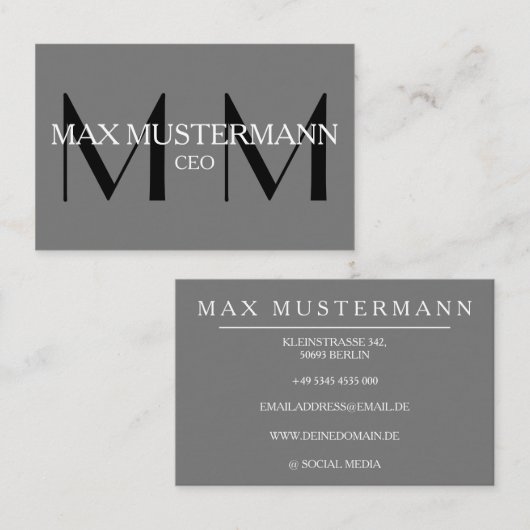 Professionelle Monogram Modern | Grau Visitekaartje (Voorkant / Achterkant)