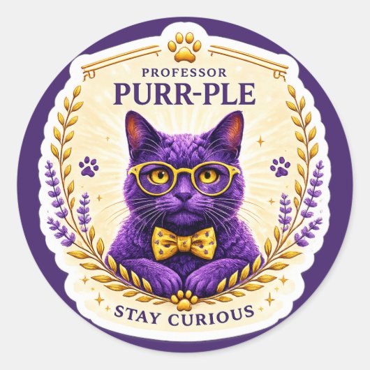 Professor Purr-Ple™ – Blijf Nieuwsgierig Sticker (Voorkant)