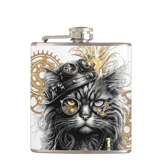 Professor Sprocket-Paws  De Funky Steampunk Kat  Heupfles (Voorkant)
