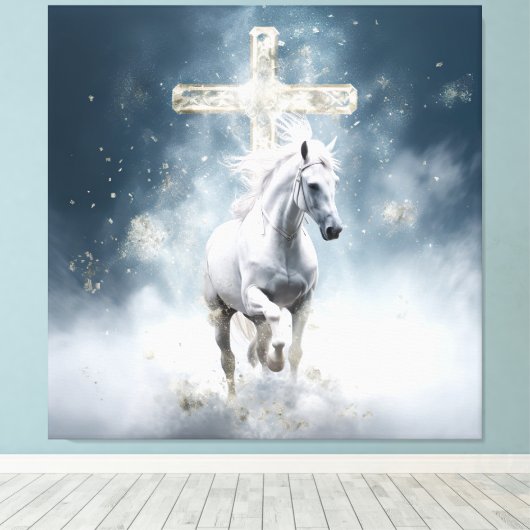 Profetisch wit paard canvas afdruk (Insitu (Houten vloer))