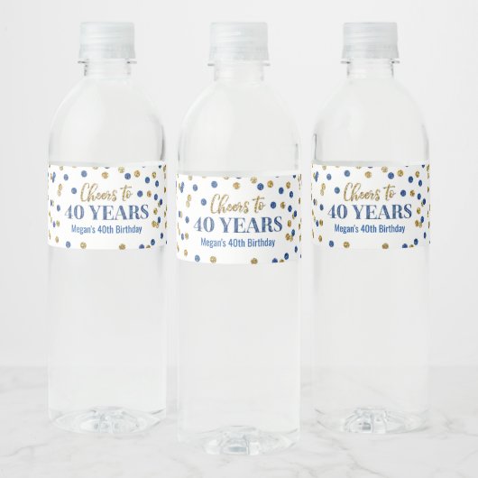 Proficiat aan 40 Jaar Blauw Goud Confetti Verjaard Waterfles Etiket (Flessen)