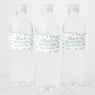 Proficiat aan 50 Jaar Aqua Silver Confetti Verjaar Waterfles Etiket