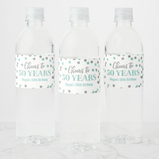 Proficiat aan 50 Jaar Aqua Silver Confetti Verjaar Waterfles Etiket (Flessen)