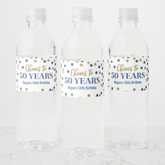 Proficiat aan 50 Jaar Blauw Goud Confetti Verjaard Waterfles Etiket (Flessen)