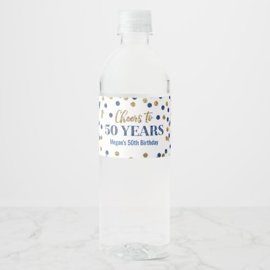 Proficiat aan 50 Jaar Blauw Goud Confetti Verjaard Waterfles Etiket (Voorkant)