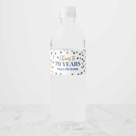 Proficiat aan 70 Jaar Blauw Goud Confetti Verjaard Waterfles Etiket (Voorkant)