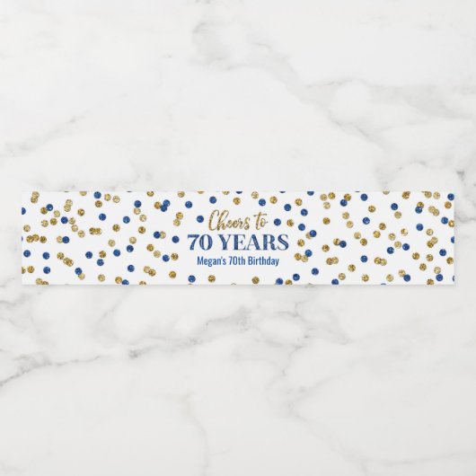 Proficiat aan 70 Jaar Blauw Goud Confetti Verjaard Waterfles Etiket (Enkel label)