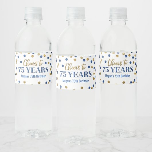 Proficiat aan 75 Jaar Blauw Goud Confetti Verjaard Waterfles Etiket (Flessen)