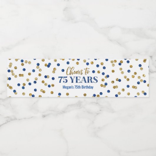 Proficiat aan 75 Jaar Blauw Goud Confetti Verjaard Waterfles Etiket (Enkel label)