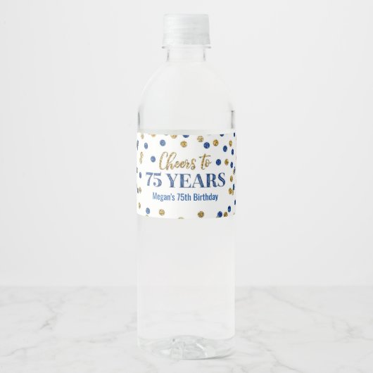 Proficiat aan 75 Jaar Blauw Goud Confetti Verjaard Waterfles Etiket (Voorkant)