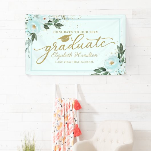 Proficiat aan de Afstuderen Blauwgroen Floral Afst Spandoek (Insitu)