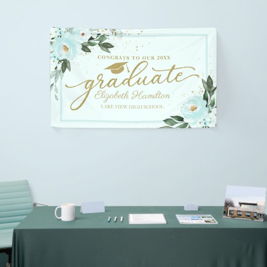 Proficiat aan de Afstuderen Blauwgroen Floral Afst Spandoek