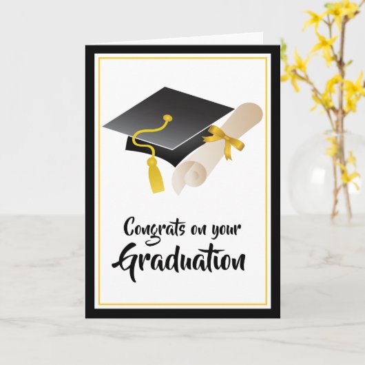 Proficiat aan het Afstuderen Pet en diploma Kaart (Gele Bloem)