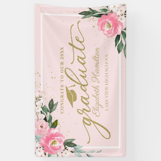 Proficiat aan het Afstuderen Pink Floral Afstudeer Spandoek (Verticaal)