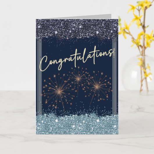 Proficiat Afstuderen Sky Blue & Navy Sparkle Kaart (Gele Bloem)