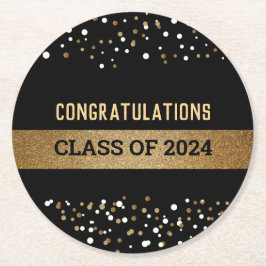 Proficiat Klasse van 2024 Zwart Goud Ronde Kartonnen Onderzetter
